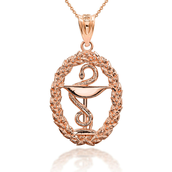 10K Solid Gold 3D Pharmacy Symbol Charm Pendant Necklace - Yellow, Rose, White