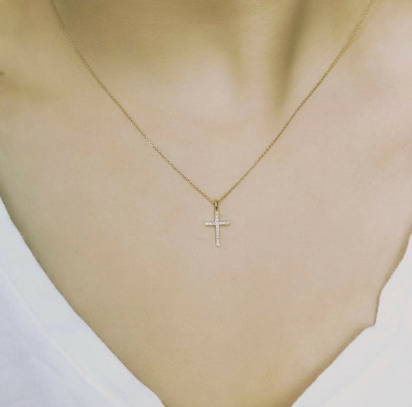 10k Solid Yellow Gold Mini Elegant Diamond Cross Pendant Necklace