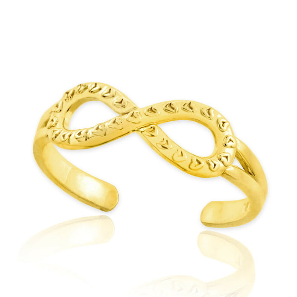 Infinity Toe Ring in 10K Solid Yellow Gold, White, Rose Knuckle Hearts Texture