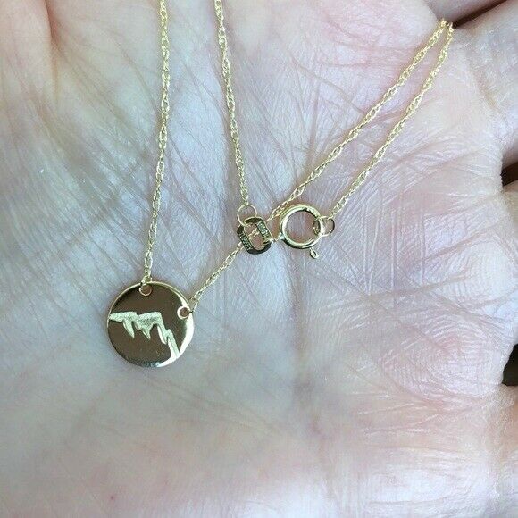 14K Solid Gold Mini Disk Disc Engrave Mountain Dainty Necklace - Minimalist