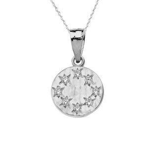 Solid 10k White Gold Small Hammered Diamond Round Pendant Necklace