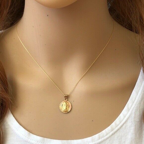 14K Solid Gold Virgin Mary DC Double Faced Pendant Dainty Necklace -Minimalist