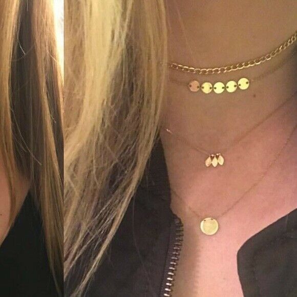 14K Solid Rose Gold 5 Dangle Mini Disc Disk Choker Necklace Adjustable 16"