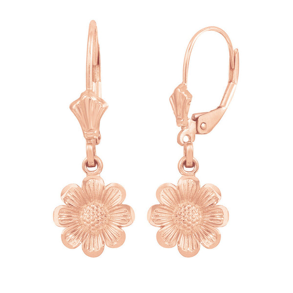 14k Solid Rose Gold Sunflower Diamond Cut Leverback Earrings Set