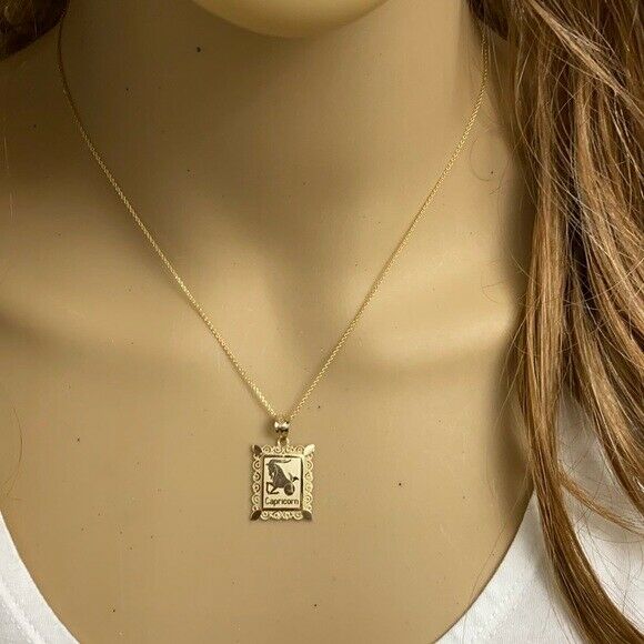 10k Solid Gold Capricorn Zodiac Sign Filigree Rectangular Pendant Necklace