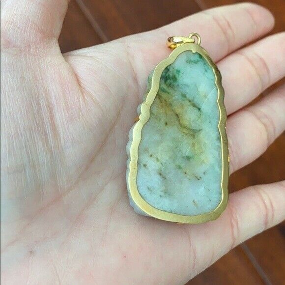 14K Solid Real Gold Natural Jadeite Jade Lotus Kwan Yin Lady Buddha Pendant 703