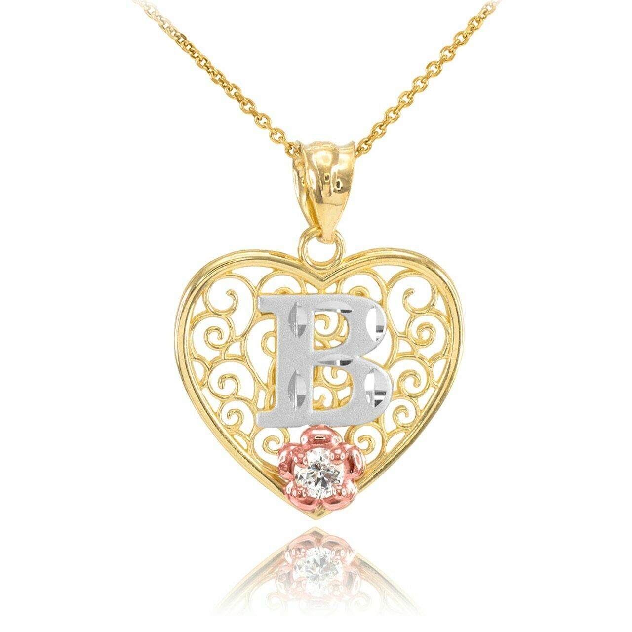 10k Solid Gold Initial Letter B Heart Filigree CZ Pendant Necklace