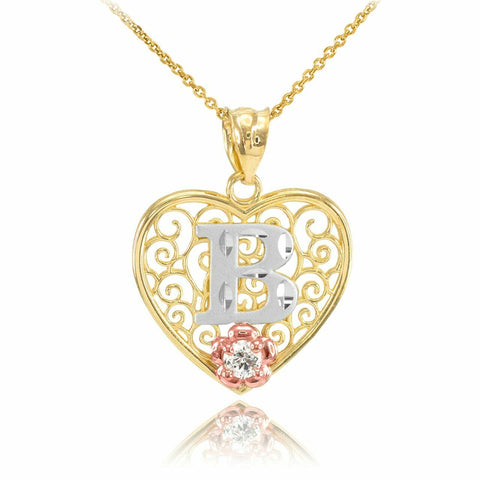 10k Solid Gold Initial Letter B Heart Filigree CZ Pendant Necklace