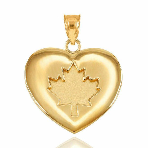 10K Solid Yellow Gold Maple Leaf Heart Pendant Necklace