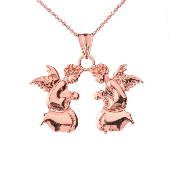 14K Solid Gold Praying Angels Pendant Necklace (Yellow, Rose, or White Gold)