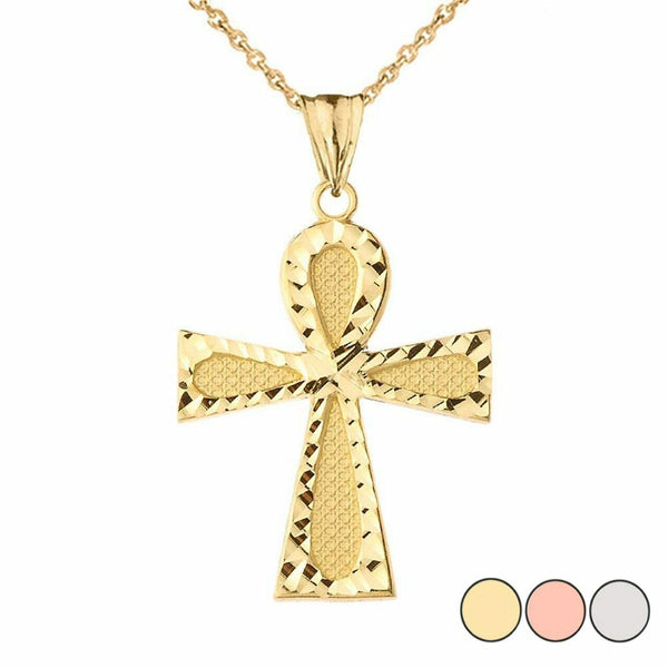 10k Solid Yellow Gold Sparkle Cut Ankh Cross Eternal Life Pendant Necklace