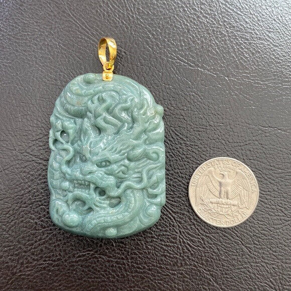 14K Solid Real Yellow Gold Carved Dragon Natural Jade Pendant Green Men Carving
