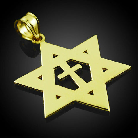 Solid 14k Yellow Gold High Polished Jewish Star of David Cross Pendant Necklace
