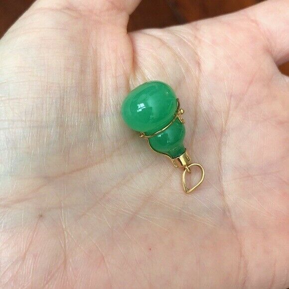 14K Solid Gold Green Jade Gourd Bottle Pendant / Charm Adjustable Necklace