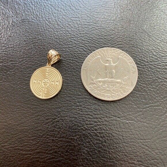 Solid 14k Rose Gold Maze Chartres Labyrinth Disc Medallion Pendant Necklace