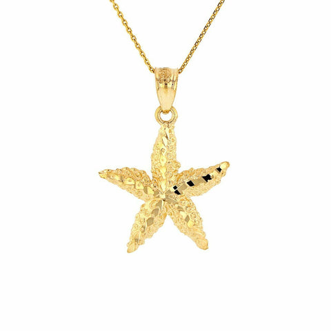 10k Solid Yellow Gold Diamond Cut Starfish Sea Star Pendant Necklace