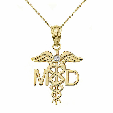 Solid 14k Yellow Gold Diamond MD Medical Doctor Wings Pendant Necklace