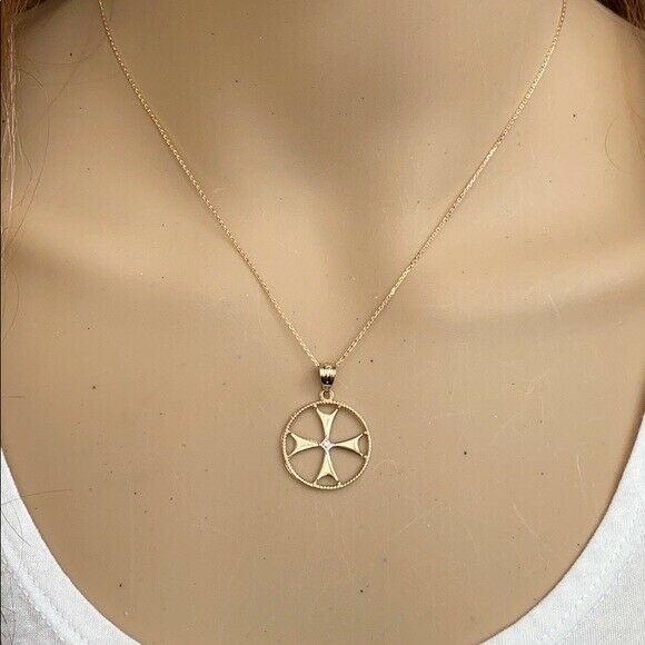 10k Solid Yellow Gold Diamond Maltese Cross Pendant Necklace 16" 18" 20" 22"