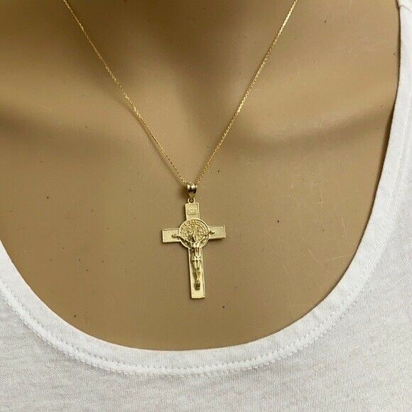 14K Solid Yellow Gold Large St. Benedict Crucifix Cross Pendant Necklace 1.6"