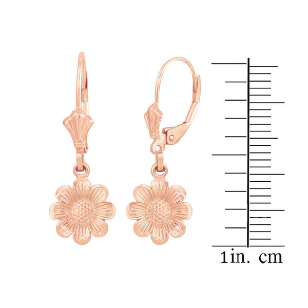 14k Solid Rose Gold Sunflower Diamond Cut Leverback Earrings Set