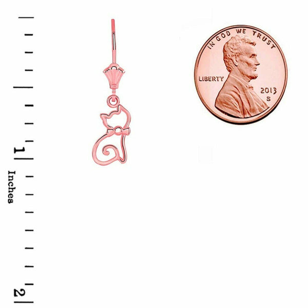 14k Solid Rose Gold Openwork Cat Oultine Leverback Earrings
