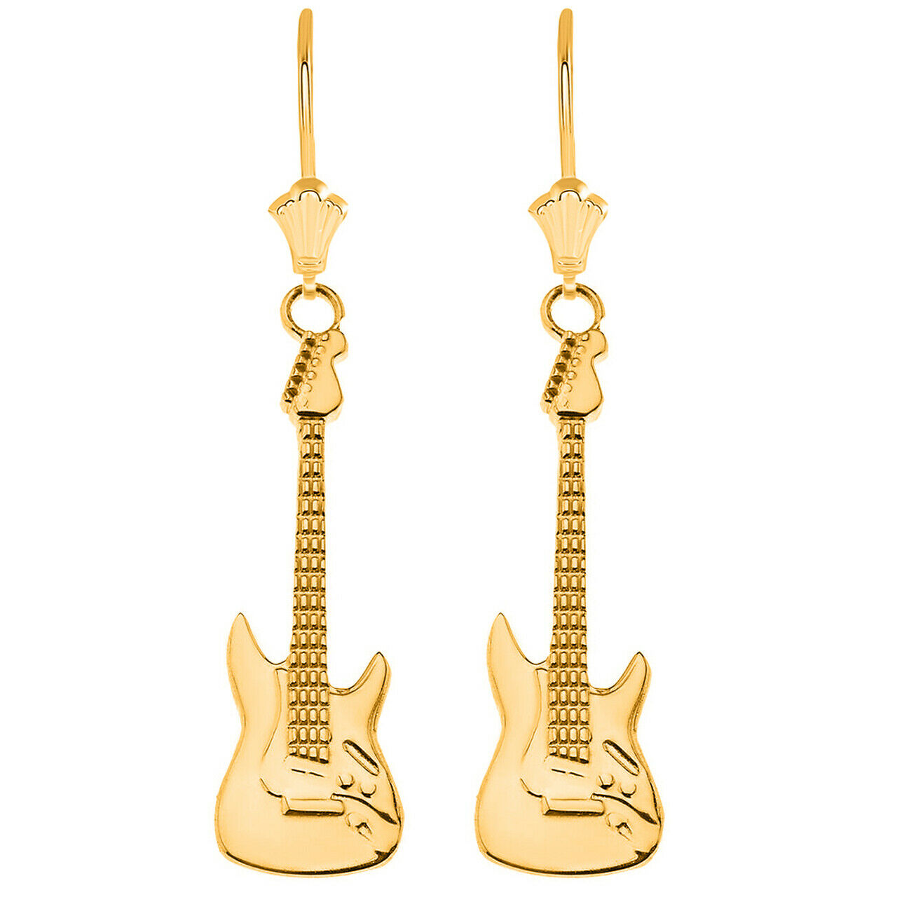 14k Yellow Gold Electric Rockstar Band Guitar Leverback Earrings