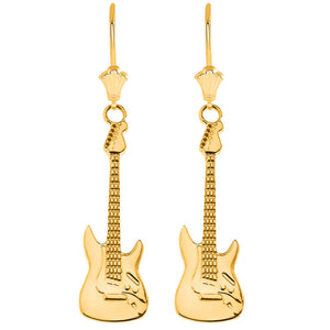 14k Yellow Gold Electric Rockstar Band Guitar Leverback Earrings