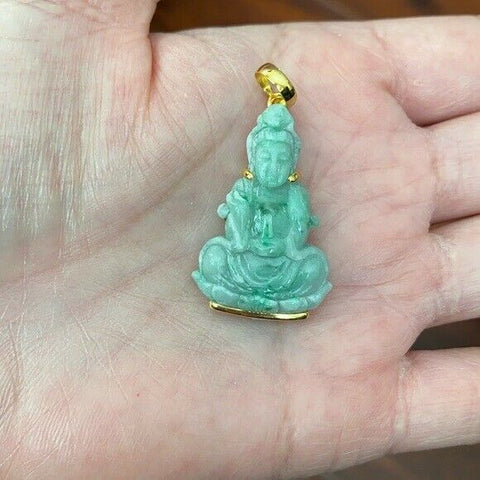 14K Solid Gold Guanyin Kwan Yin Female Buddha Natural Jade Pendant