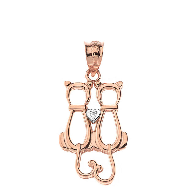 14K Solid Gold A Pair of Love Cats Heart Diamond Pendant Necklace