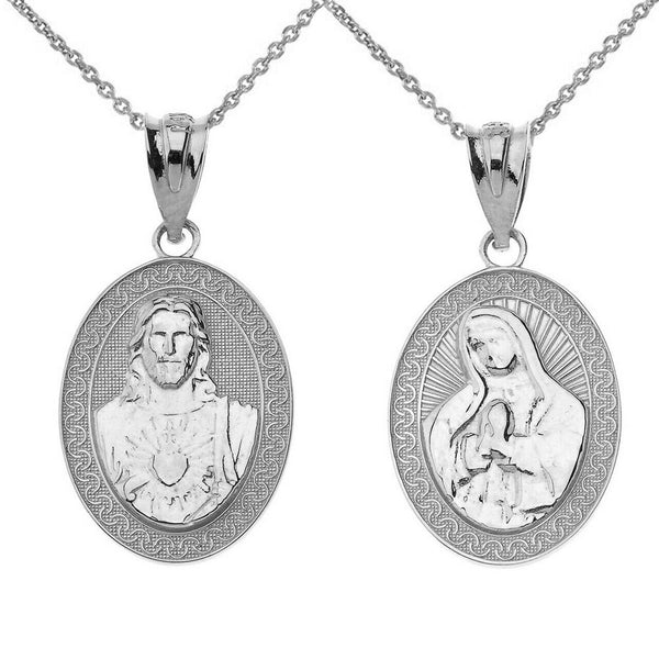 14K Solid Gold Reversible Virgin Mary and Jesus Christ Oval Pendant Necklace