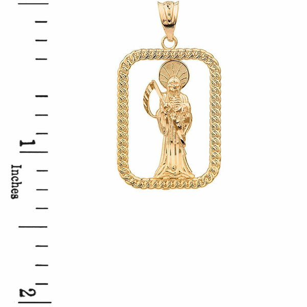 14k Real Yellow Gold Santa Muerte Rectangular Rope Design Frame Pendant Necklace