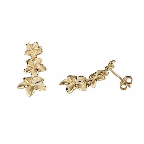 10k Solid Yellow Gold Elegant Hawaiian Plumeria Flower Dangle Stud Earrings