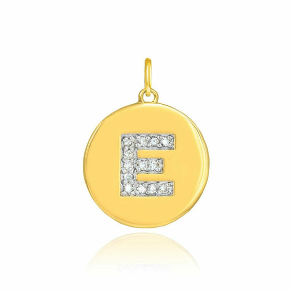 Solid 10k Yellow Gold Letter "E" Initial Diamond Disc Charm Pendant Necklace