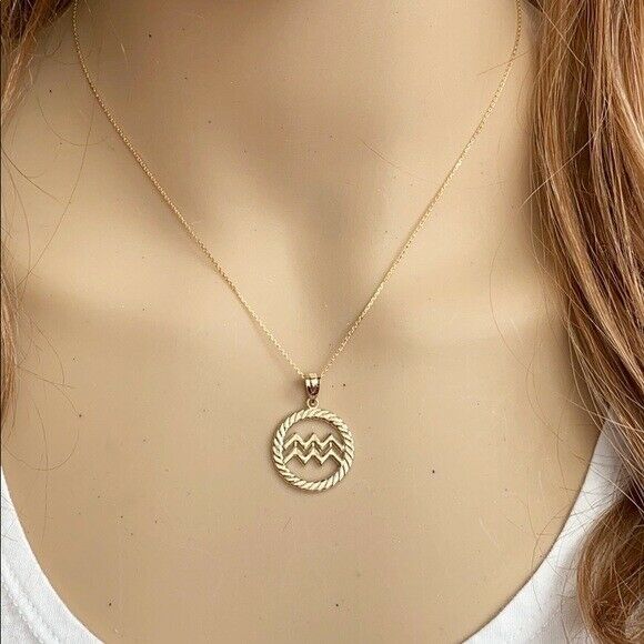 14K Solid Gold Aquarius Zodiac Sign in Circle Rope Pendant Necklace