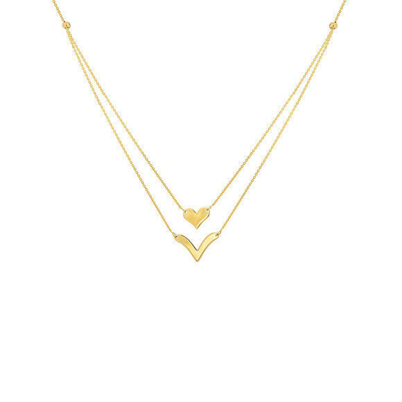 14K Solid Yellow Gold Layer Duo Heart and V Necklace 16"-18" adjust