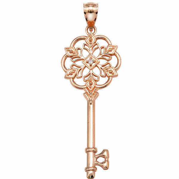 10k Rose Gold Valentines Special Heart Round Diamond Key Pendant Necklace