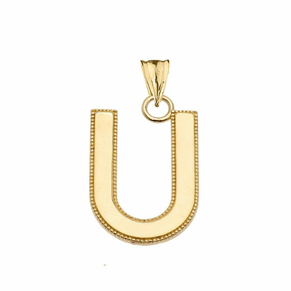 10k Solid Gold Small Milgrain Initial Letter U Pendant Necklace Personalized