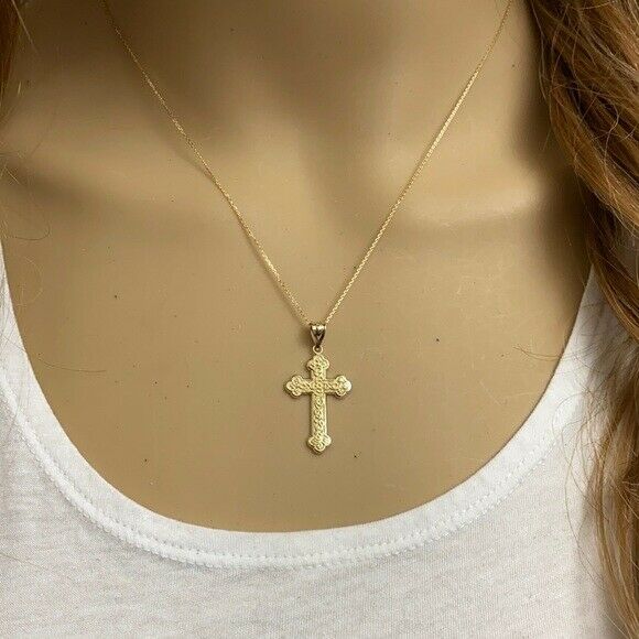 Solid Yellow Gold 14K Greek Orthodox Floral Rose Cross Pendant Necklace