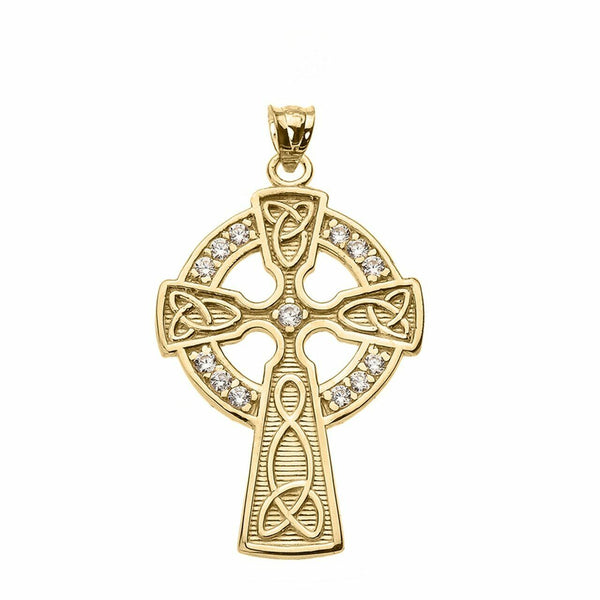 Solid 14k Yellow Gold CZ Irish Trinity Knot Celtic Cross Pendant Necklace