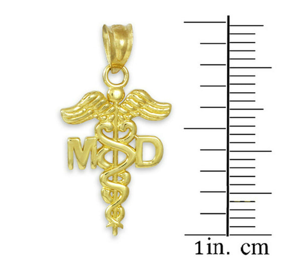 14K Solid Gold Medical Doctor MD Caduceus Pendant Necklace