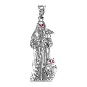 925 Sterling Silver Santa Muerte Owl Red CZ Pendant Necklace Made in US 16"-22"