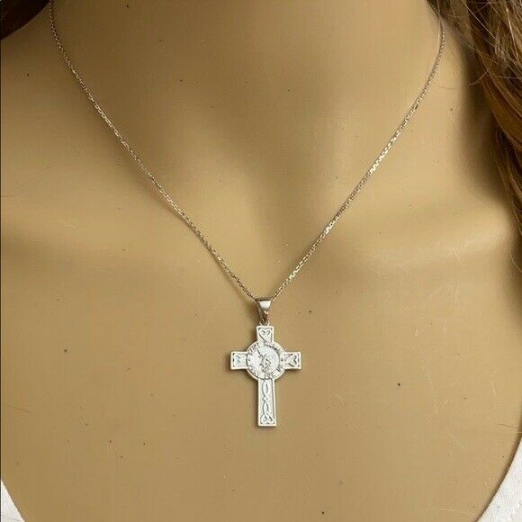 10k Two Tone Gold St. Michael Pray For Us Celtic Heart Cross Pendant Necklace