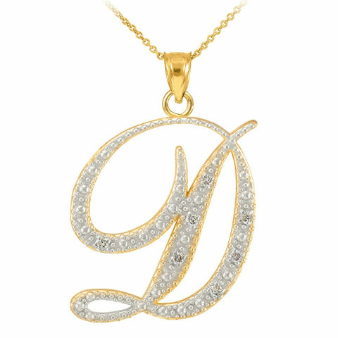 14k Solid Yellow Gold Diamonds Initial Script Letter D Pendant Necklace