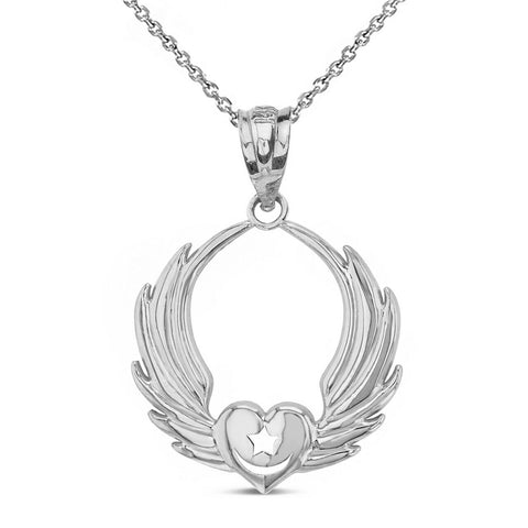 Sterling Silver Winged Heart Star & Crescent Islam Sufi Order Pendant Necklace