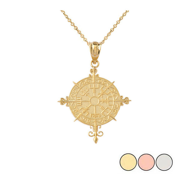 14K Solid Gold Ancient Viking Compass Pendant Necklace