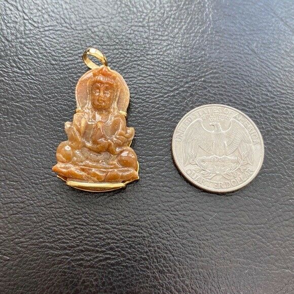 14K Solid Gold Guanyin Kwan Yin Female Buddha Natural Red Jade Pendant