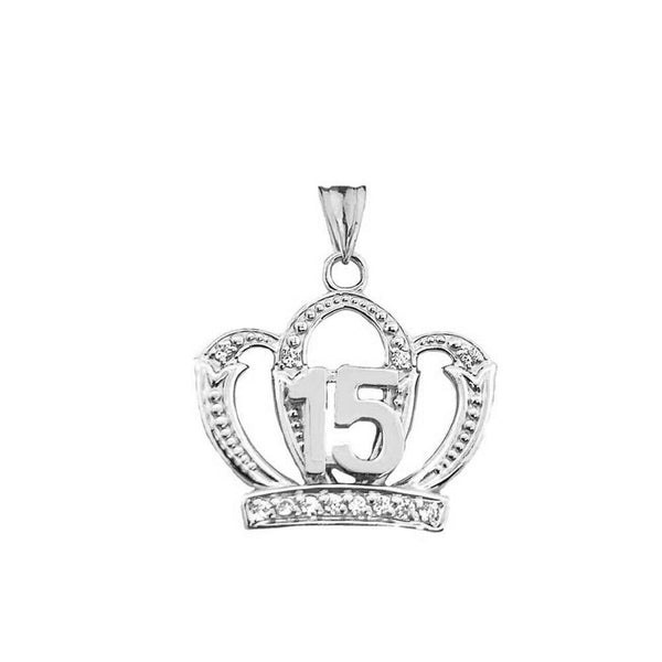 14k Solid Gold Quinceanera Sweet 15 Anos Princess Crown Pendant Necklace