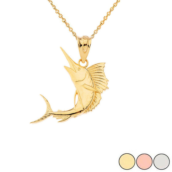 14K Solid Gold Swordfish Pendant Necklace - Yellow, Rose, or White Gold