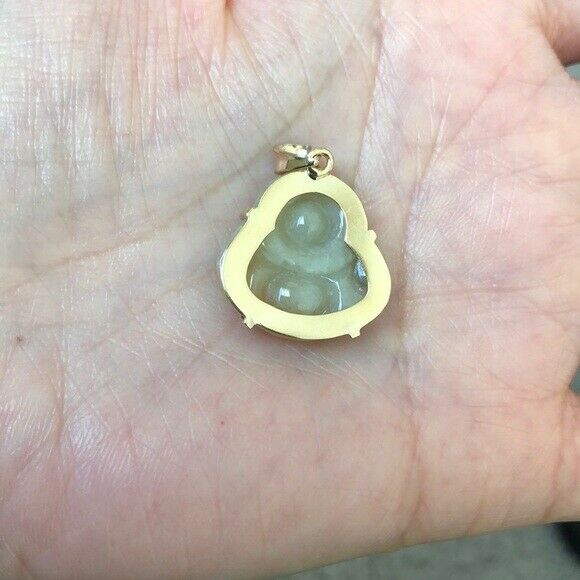 Small 18K Solid Yellow Gold Happy Laughing Buddha Jade Religious Pendant - P667