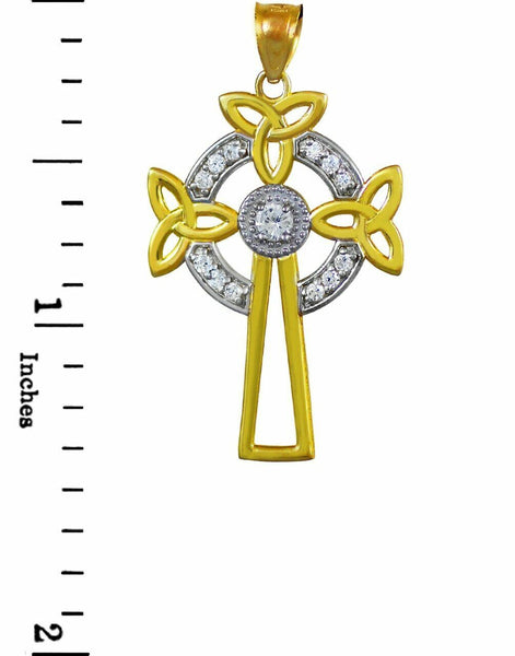 Solid 10k Two-Tone Gold Celtic Cross Trinity Knot Diamond Pendant Necklace